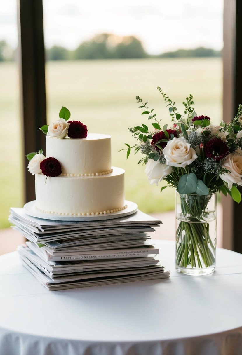 A table with a wedding cake, flowers, and a pile of wedding magazines