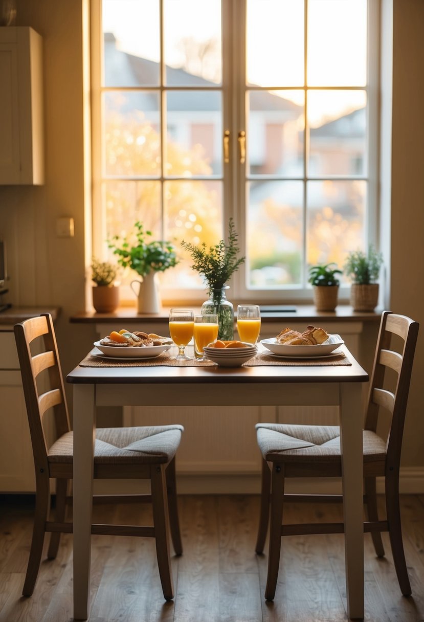 A cozy kitchen table set with breakfast foods and two chairs, with a warm morning light streaming in through the window