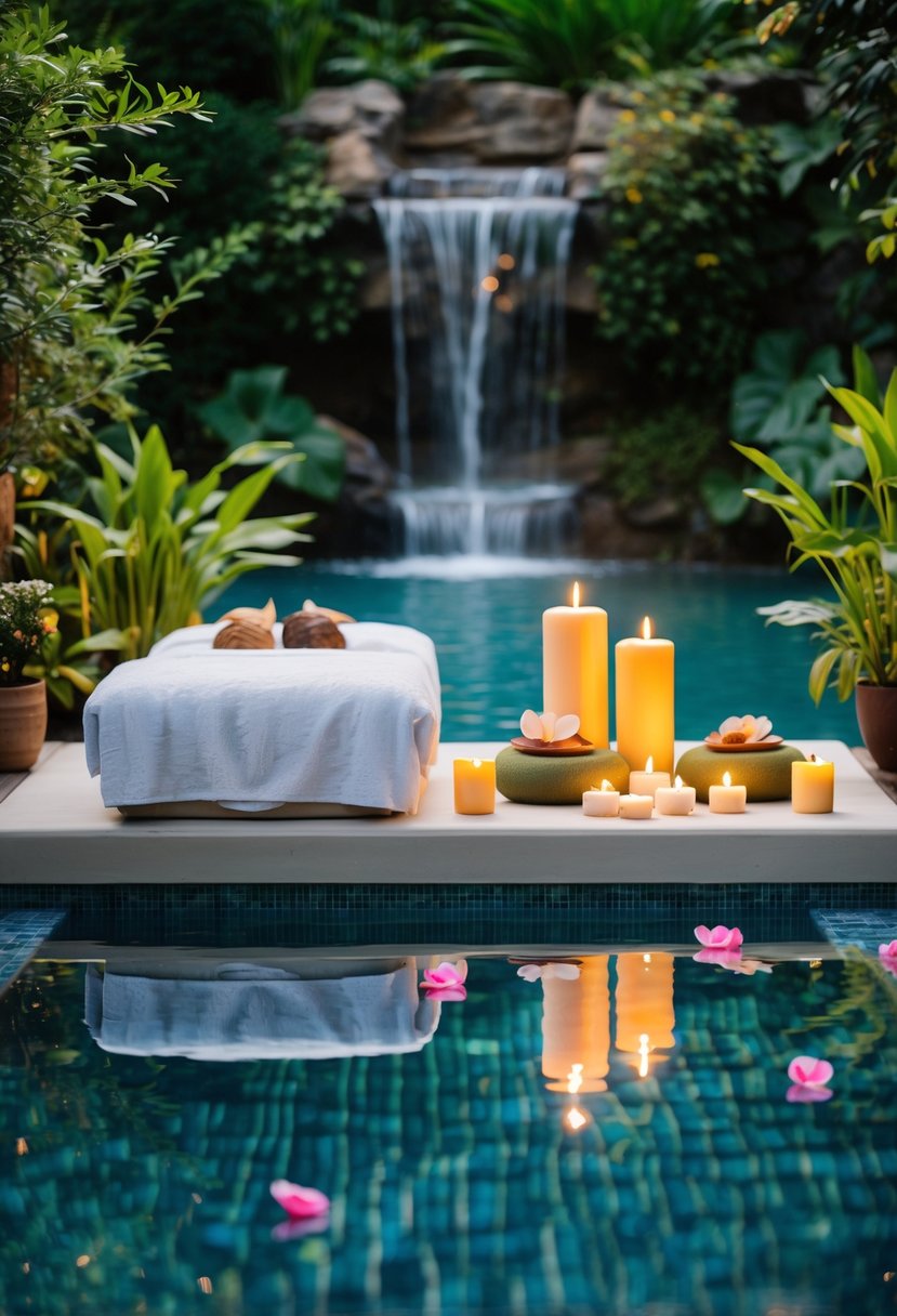 A serene spa with a couple's massage table, aromatic candles, and lush greenery. A tranquil pool with floating flower petals and a waterfall