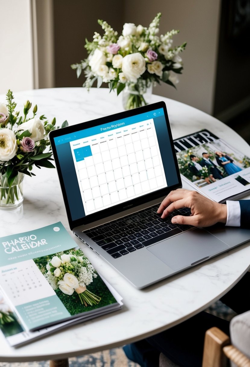 A table with a laptop open to a shared calendar app, surrounded by wedding magazines and a bouquet of flowers