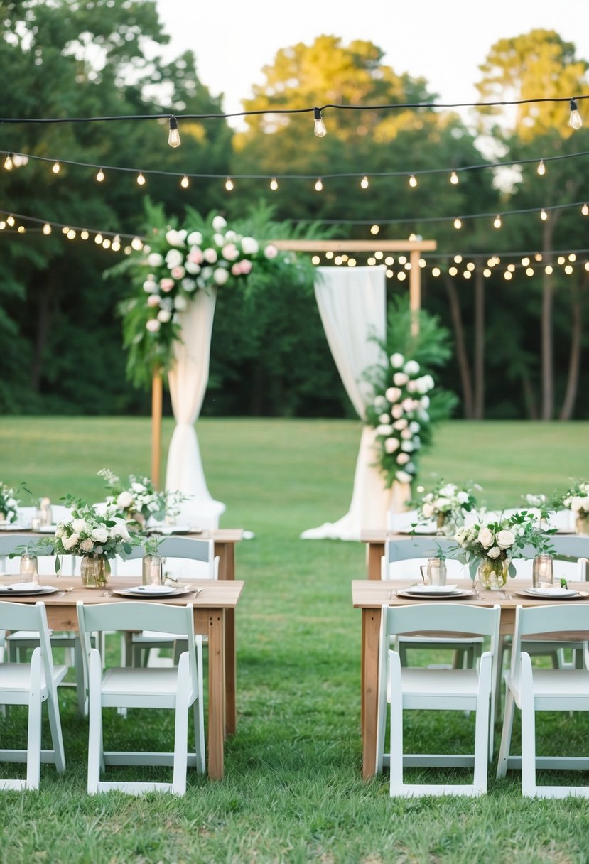 A simple outdoor wedding ceremony with DIY decorations and a budget-friendly floral arch. Tables adorned with homemade centerpieces and twinkling string lights