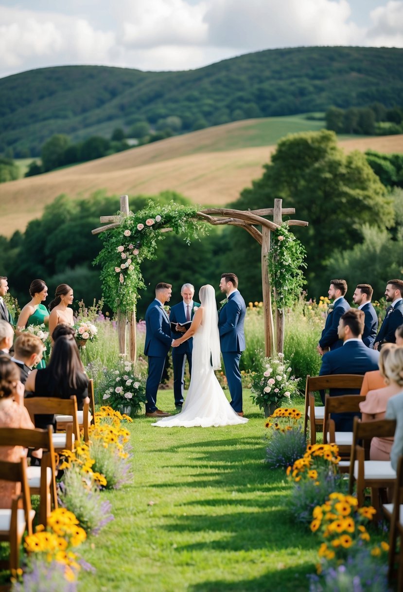 An outdoor ceremony in a lush garden with twinkling lights and a rustic archway, surrounded by colorful wildflowers and a picturesque backdrop of rolling hills