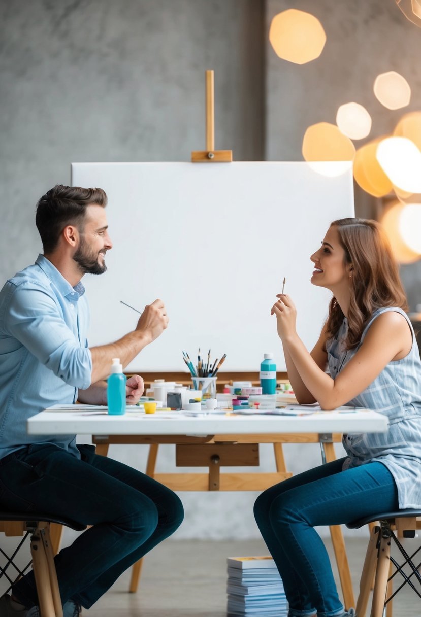 A couple sitting at a table, surrounded by art supplies and a blank canvas, discussing their new joint hobby after receiving wedding tips