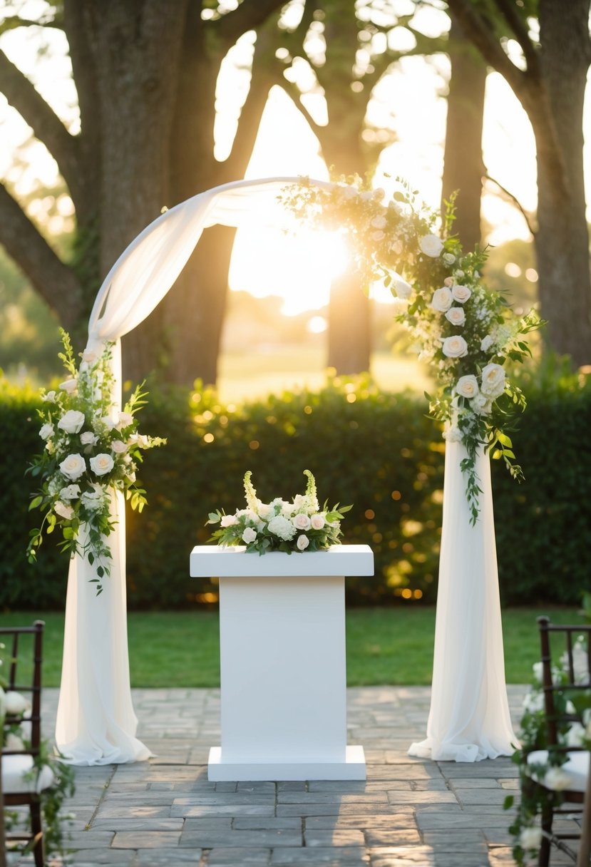 A serene outdoor setting with a simple, elegant altar adorned with fresh flowers. Sunlight filters through the trees, casting a warm glow on the scene