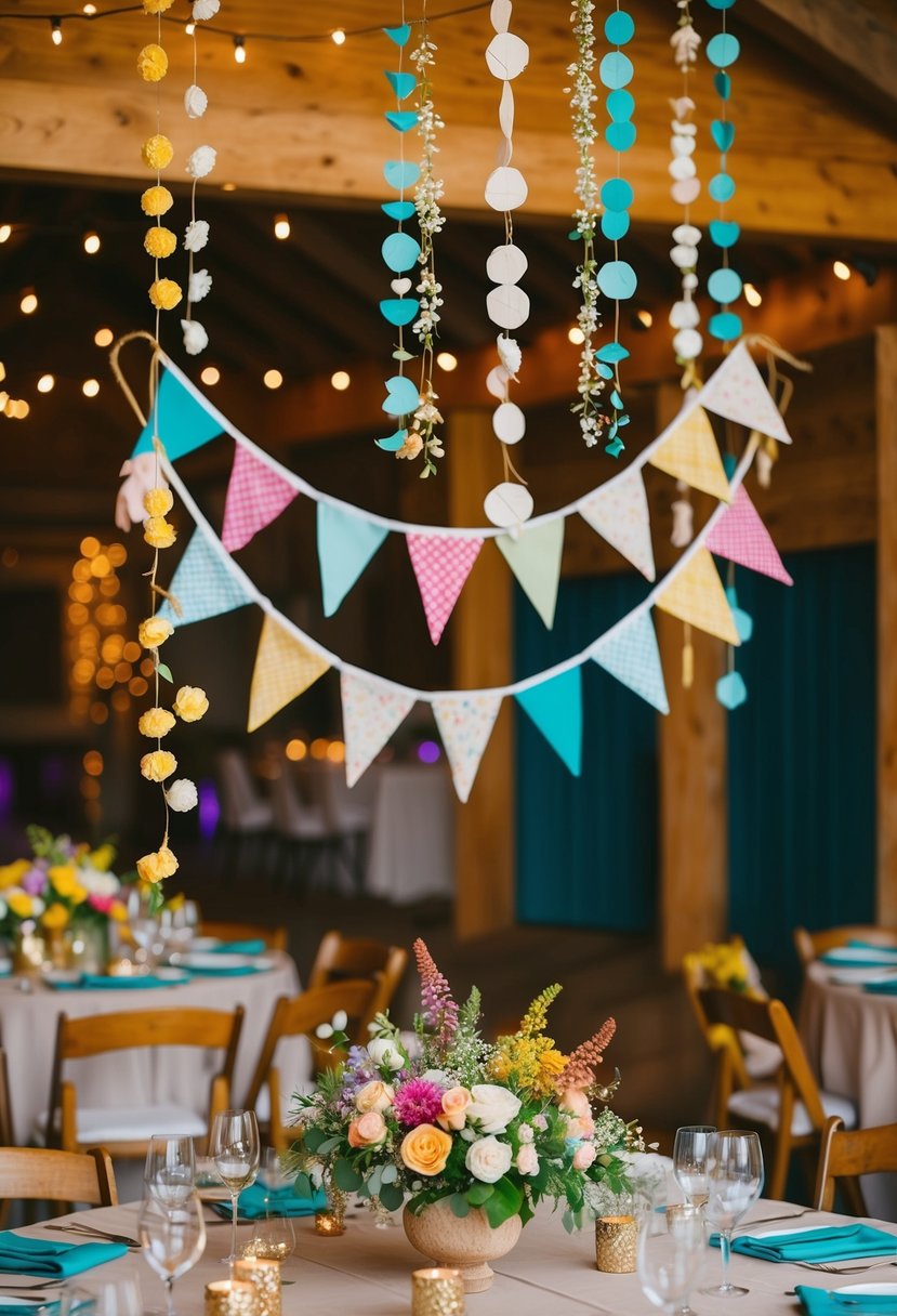 A colorful array of handmade decorations adorns a rustic wedding venue, featuring DIY centerpieces, bunting, and floral arrangements