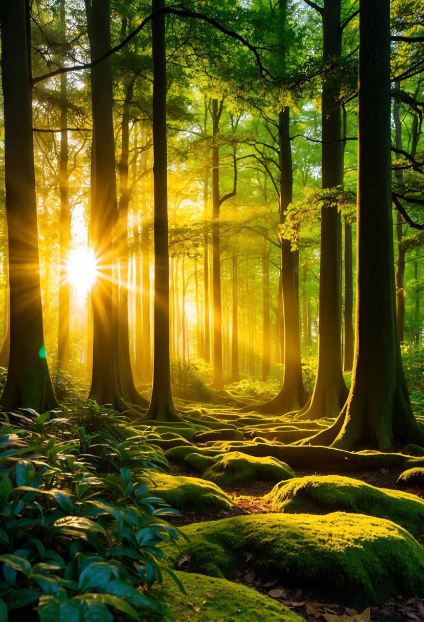 A lush forest with golden sunlight filtering through the canopy, casting a warm green glow on the moss-covered ground and the rich foliage