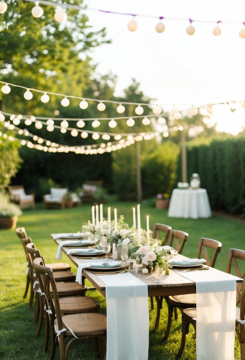 A cozy backyard wedding with a small guest list, simple decorations, and budget-friendly DIY details