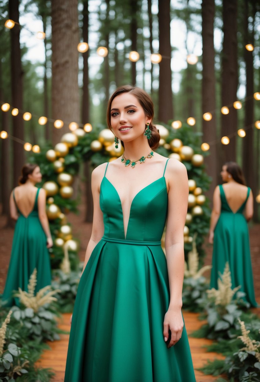 Emerald green dresses in a forest setting, accented with gold decor