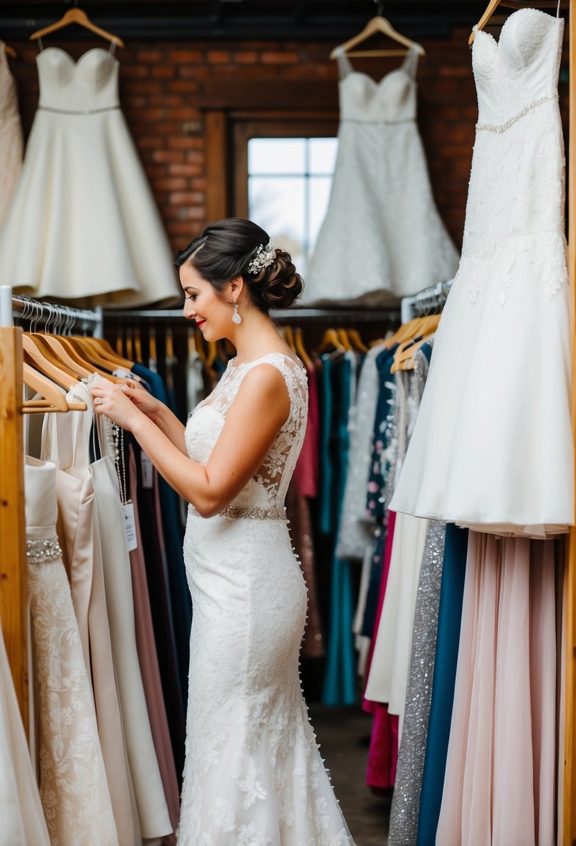 A bride browsing a selection of wedding attire on racks in a rental shop