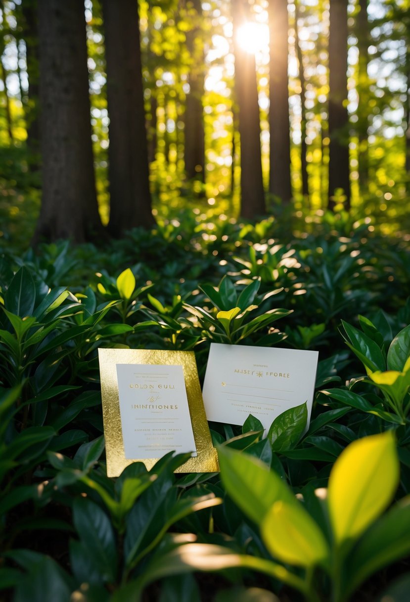 A lush forest with golden sunlight filtering through the leaves, casting a warm glow on elegant gold foil wedding invitations nestled among rich forest green foliage