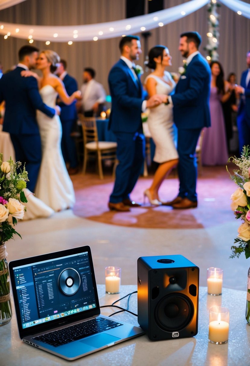 A speaker system connected to a laptop plays a wedding playlist. Tables are set with flowers and candles. Couples dance on a small dance floor