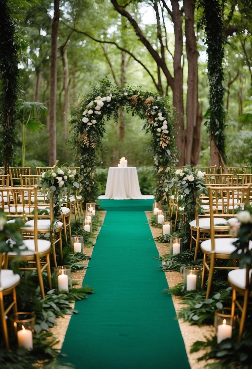 A forest green and gold wedding aisle adorned with lush greenery and foliage, creating a natural and elegant atmosphere