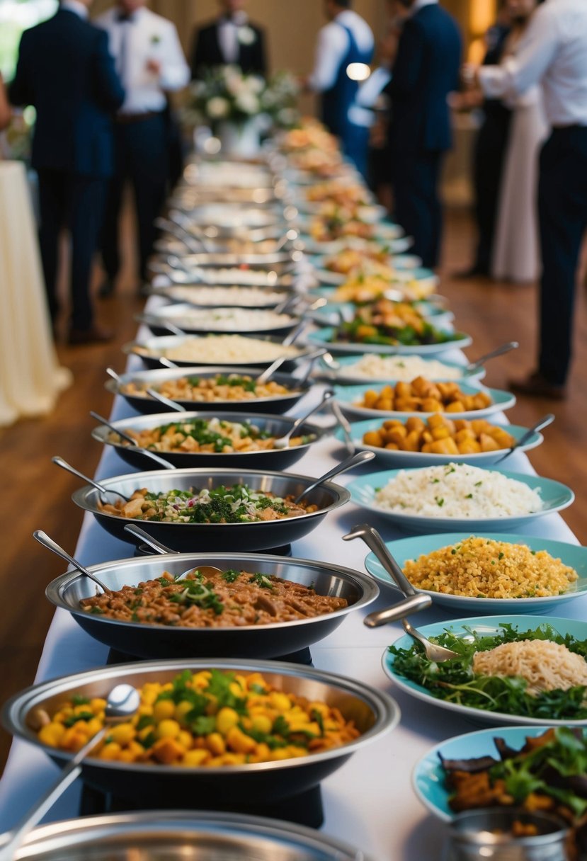 A long table lined with a variety of dishes and platters, set up for buffet-style catering at a wedding reception