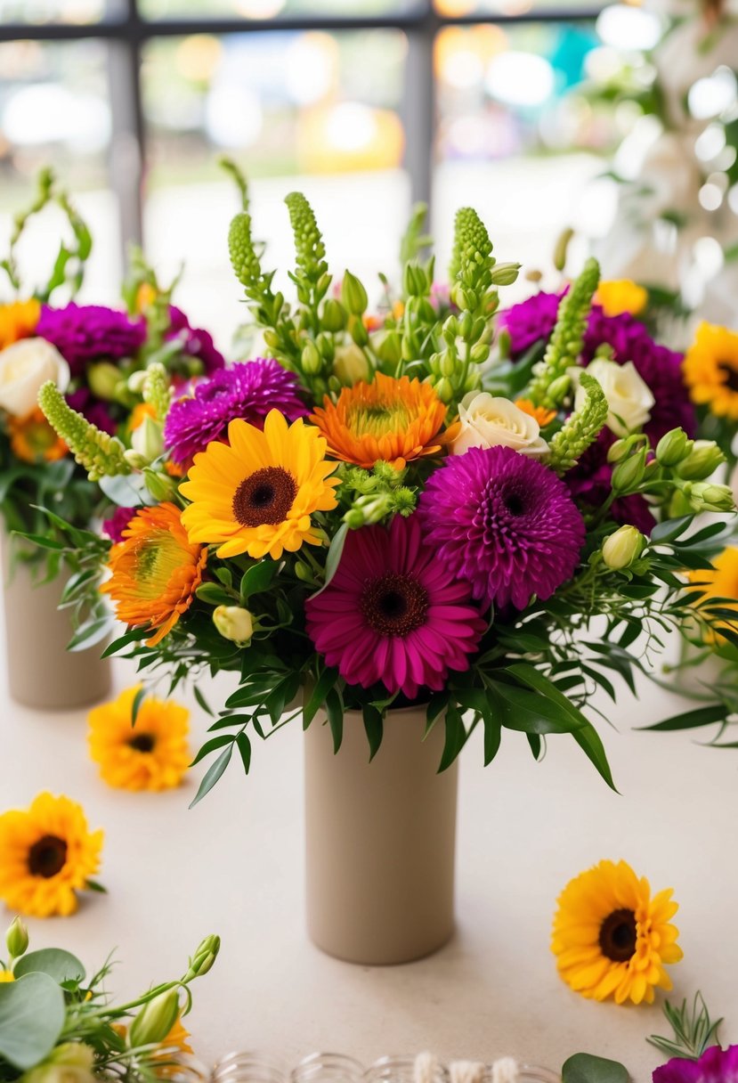 A vibrant bouquet of in-season flowers arranged in a simple vase, surrounded by budget-friendly wedding decor