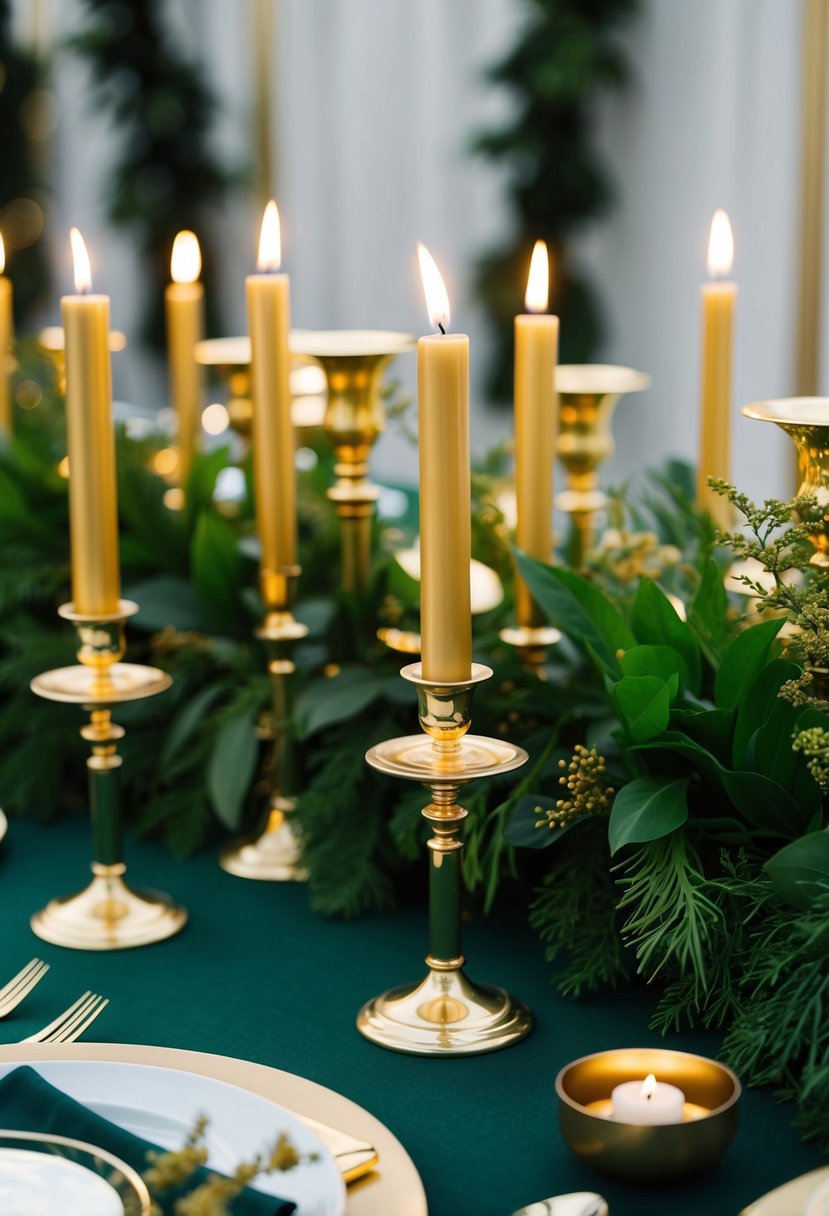 Golden candle holders arranged on forest green tablecloth, surrounded by gold accents and lush greenery