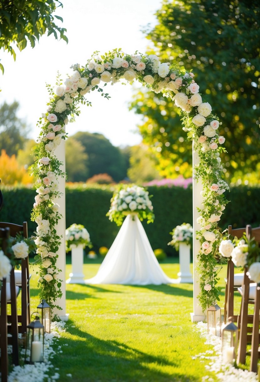 A sunlit garden with blooming flowers and a decorated archway, set up for a wedding ceremony