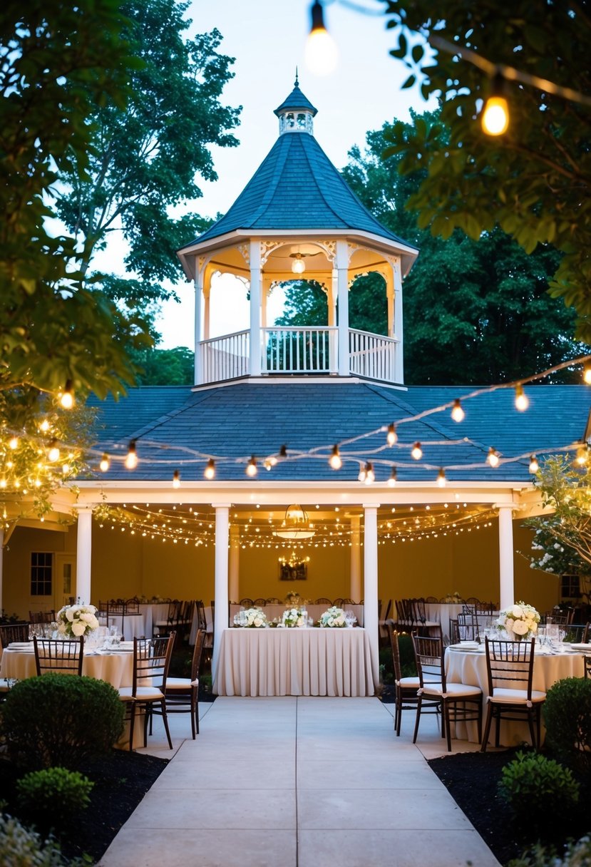 A charming outdoor venue with a gazebo for the ceremony and a spacious banquet hall for the reception, surrounded by lush gardens and twinkling string lights