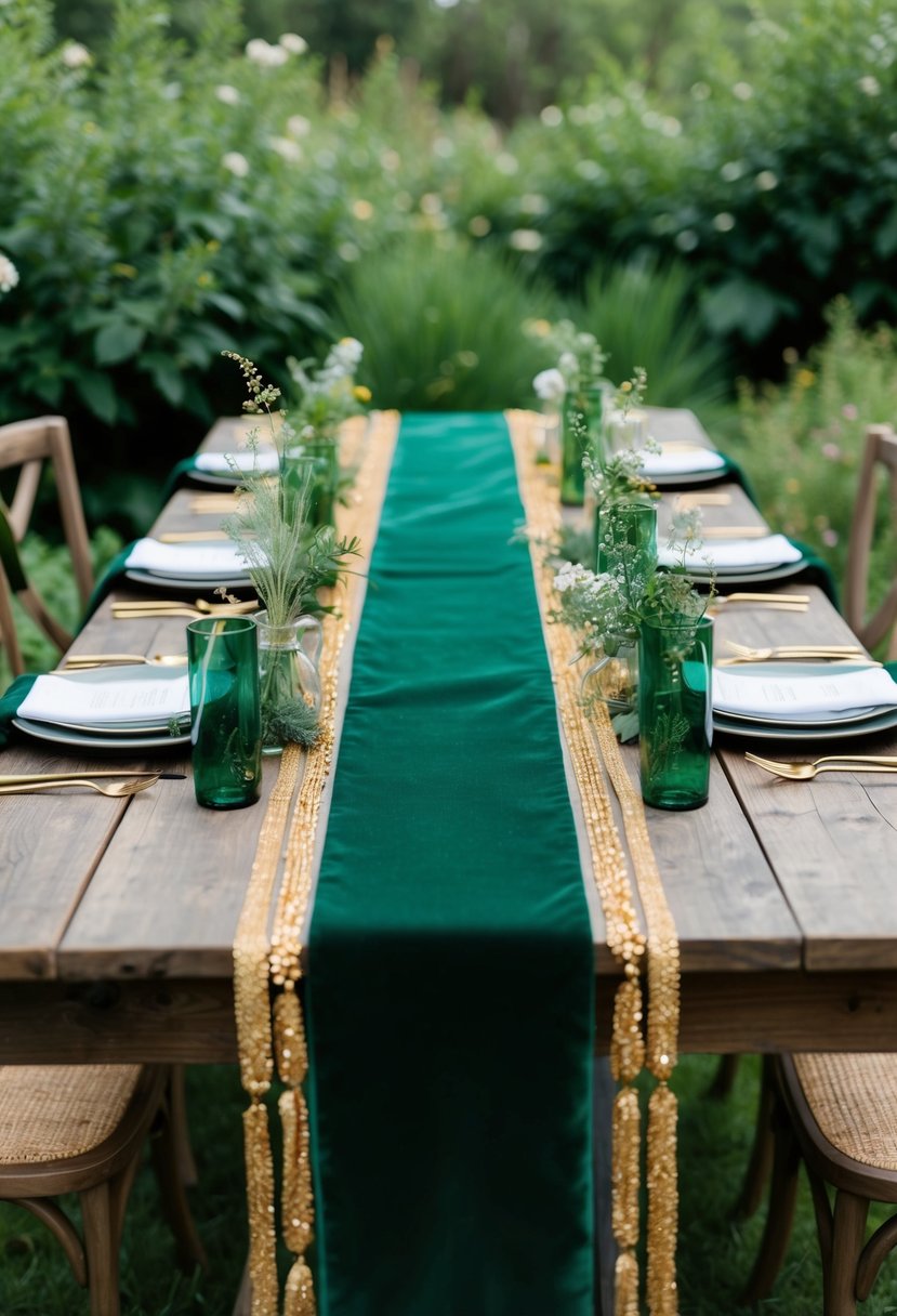 A forest green table runner adorned with gold accents on a rustic wooden table, surrounded by lush greenery and delicate wildflowers