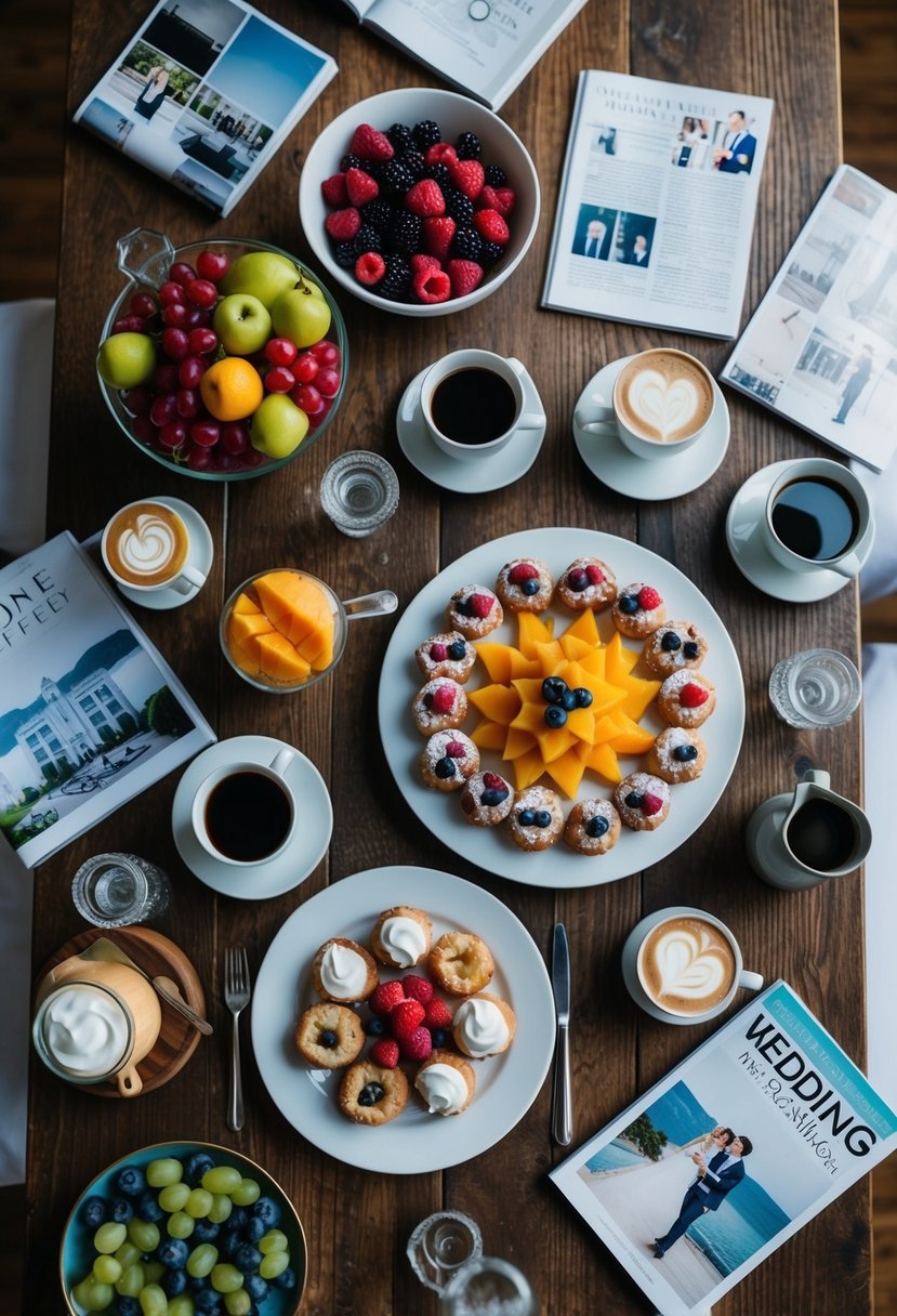 A table set with a colorful array of fruits, pastries, and coffee, surrounded by wedding magazines and sketches