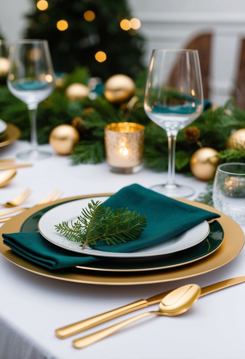 A table set with gold flatware and forest green accents