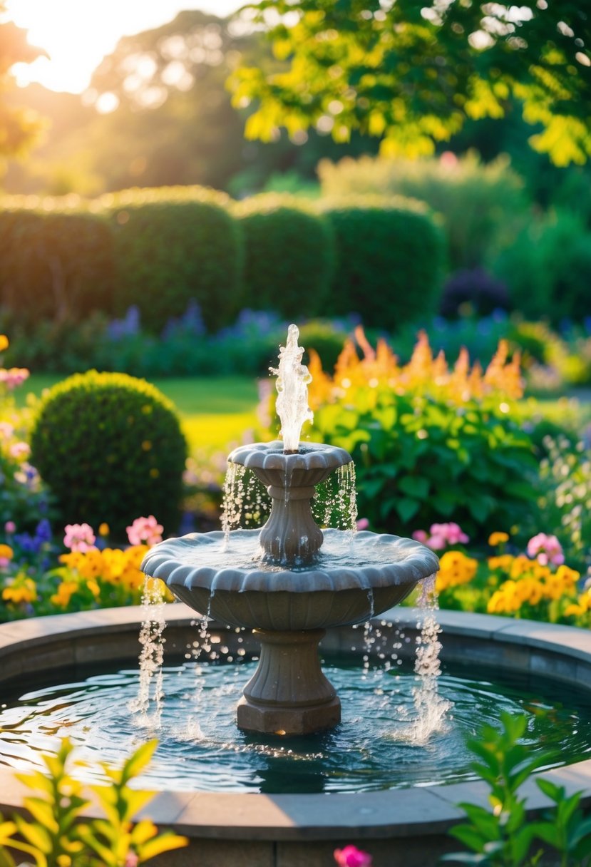 A serene garden with a bubbling fountain, surrounded by lush greenery and colorful flowers, as the morning sun casts a warm glow over the scene