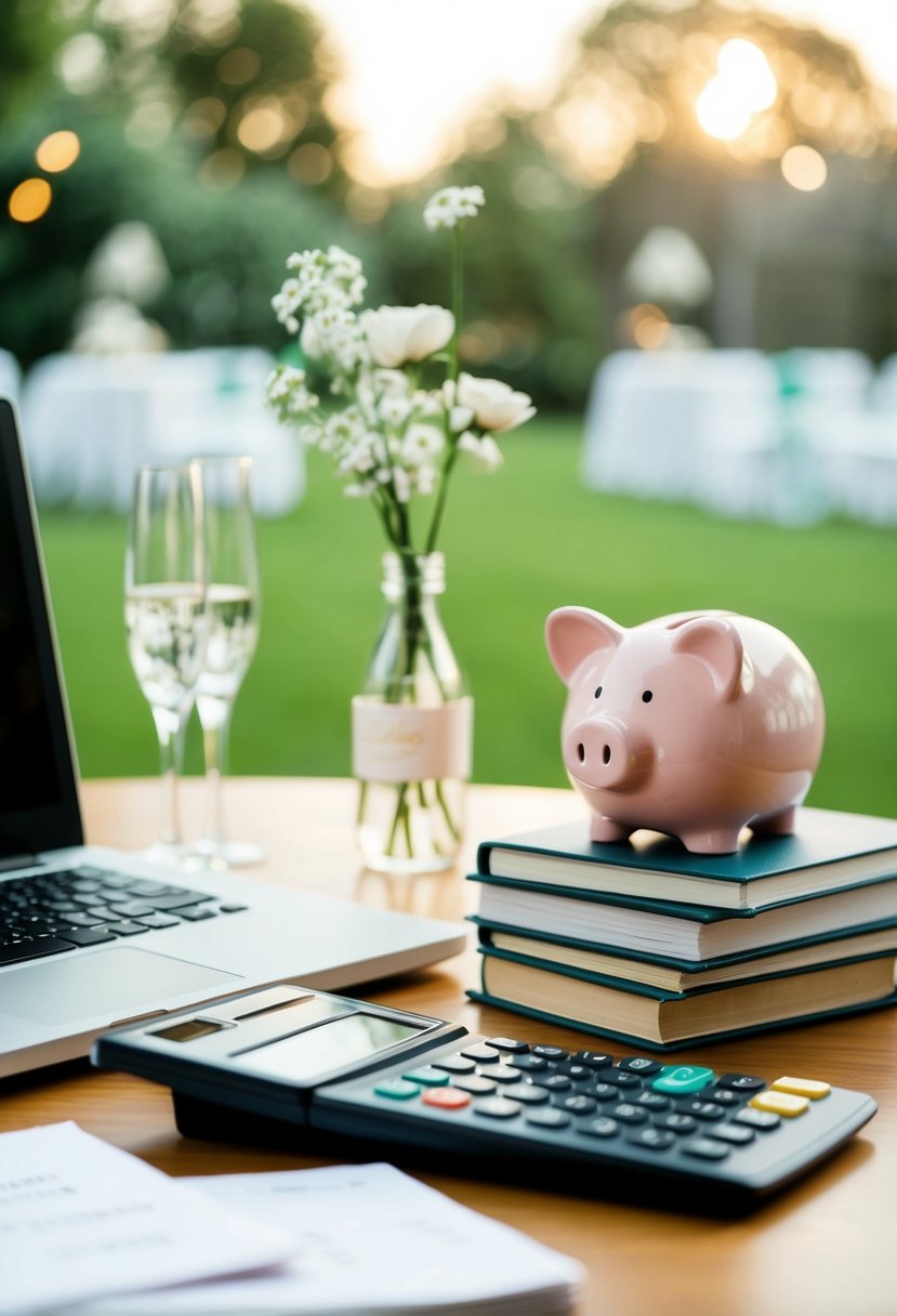 A table with a laptop, calculator, and wedding decor. A stack of budgeting books and a piggy bank