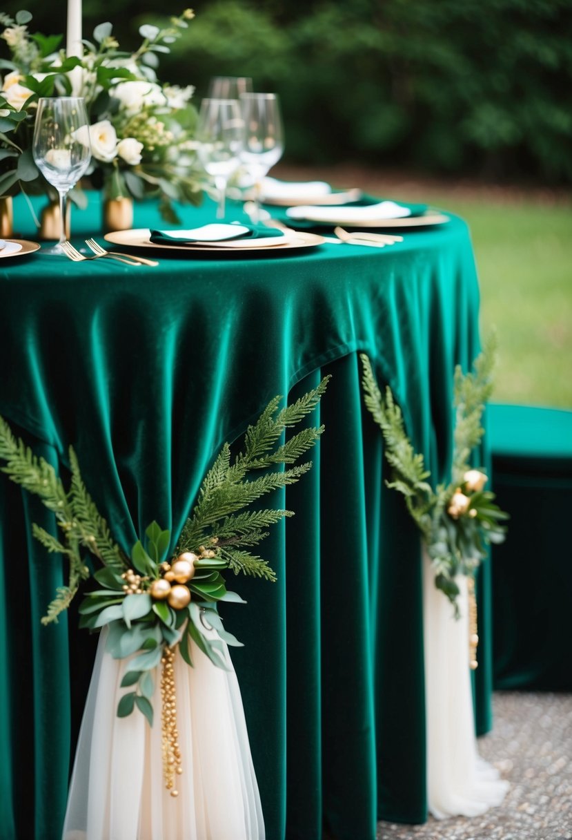 A lush emerald green velvet tablecloth adorned with forest green and gold accents, creating a luxurious and elegant wedding color scheme