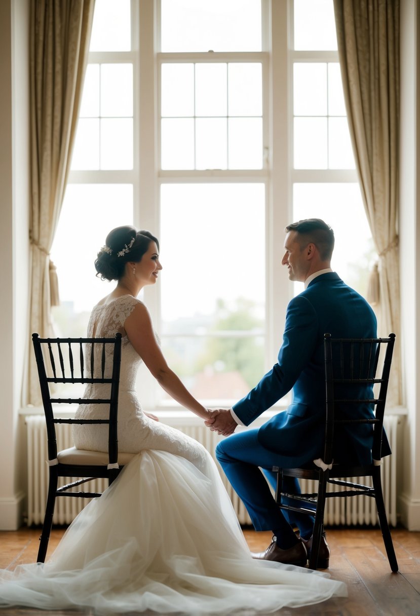 A bride and groom sit facing each other, holding hands, as they review and rehearse their wedding vows. The morning light streams through the window, casting a warm glow over the scene