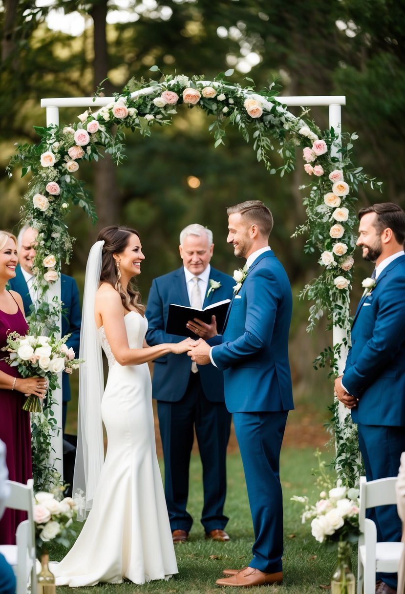 A bride and groom exchanging vows under a simple arch adorned with affordable yet elegant flowers, surrounded by family and friends in a cozy outdoor setting