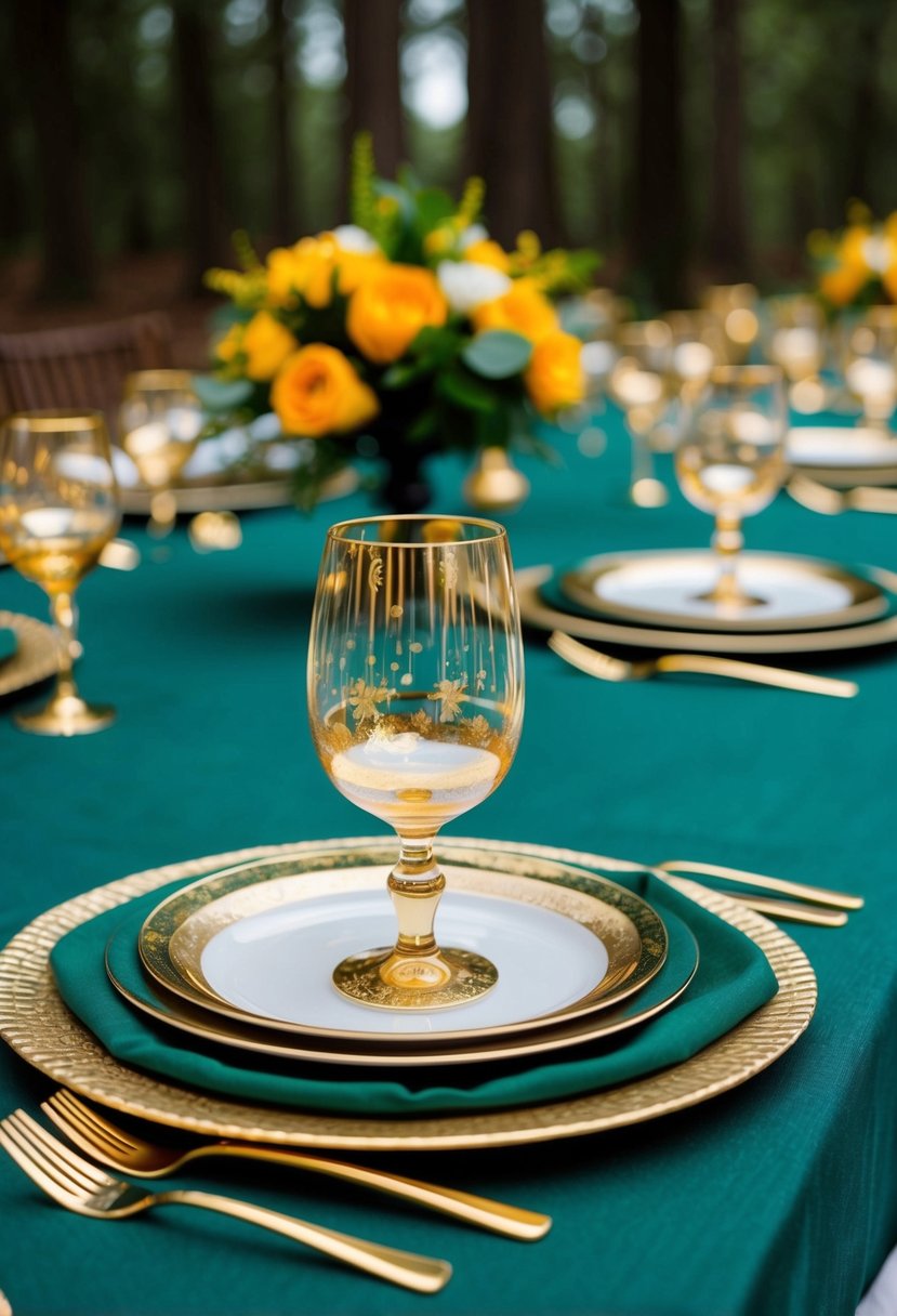 Gold-Rimmed Glassware glimmer on forest green tablecloth, accented with gold napkins and centerpieces