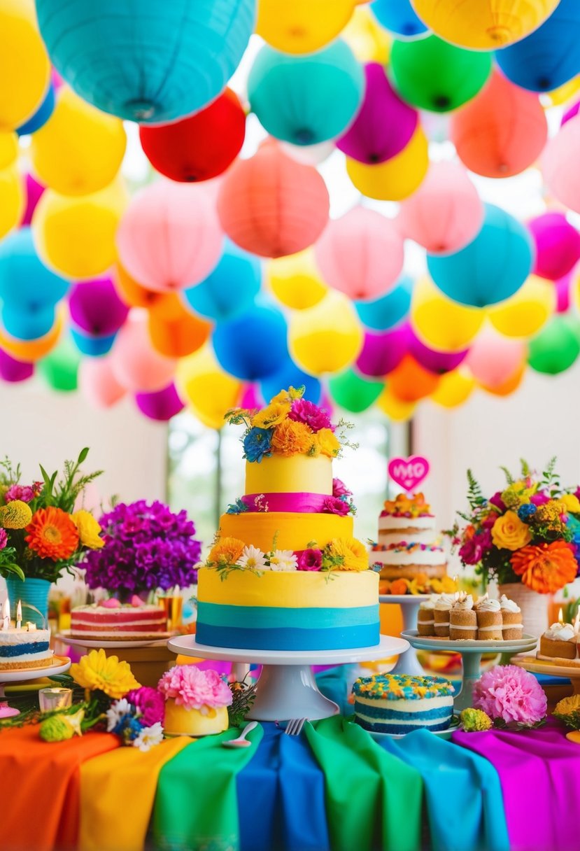 A colorful, vibrant scene with a playlist of wedding-themed items like flowers, cakes, and decorations, creating an energetic and joyful atmosphere