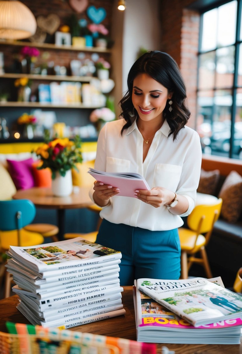 A wedding planner researching budget-friendly ideas in a cozy local cafe, surrounded by colorful decor and a stack of wedding magazines