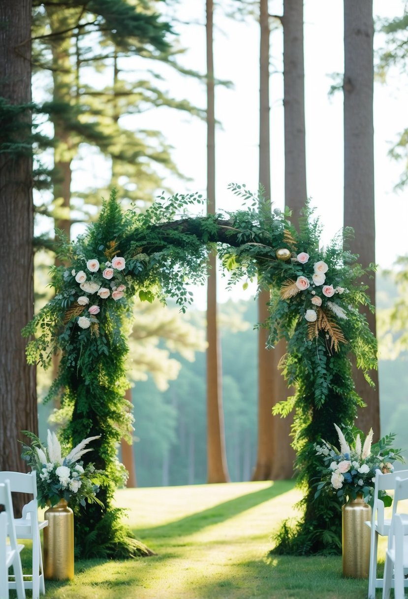 A lush forest green and gold wedding arch adorned with foliage and flowers, set against a backdrop of towering trees and dappled sunlight