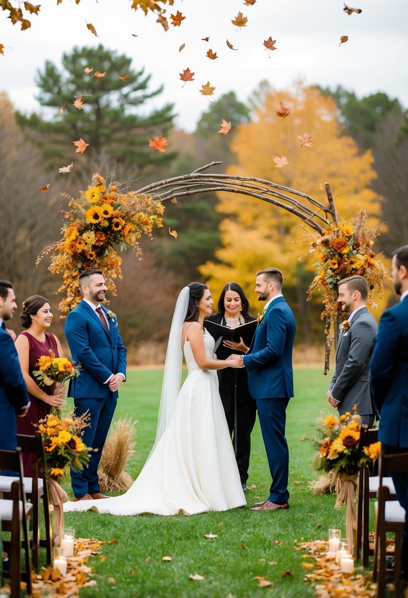 A serene outdoor wedding ceremony with autumn leaves falling and a couple exchanging vows under a rustic archway