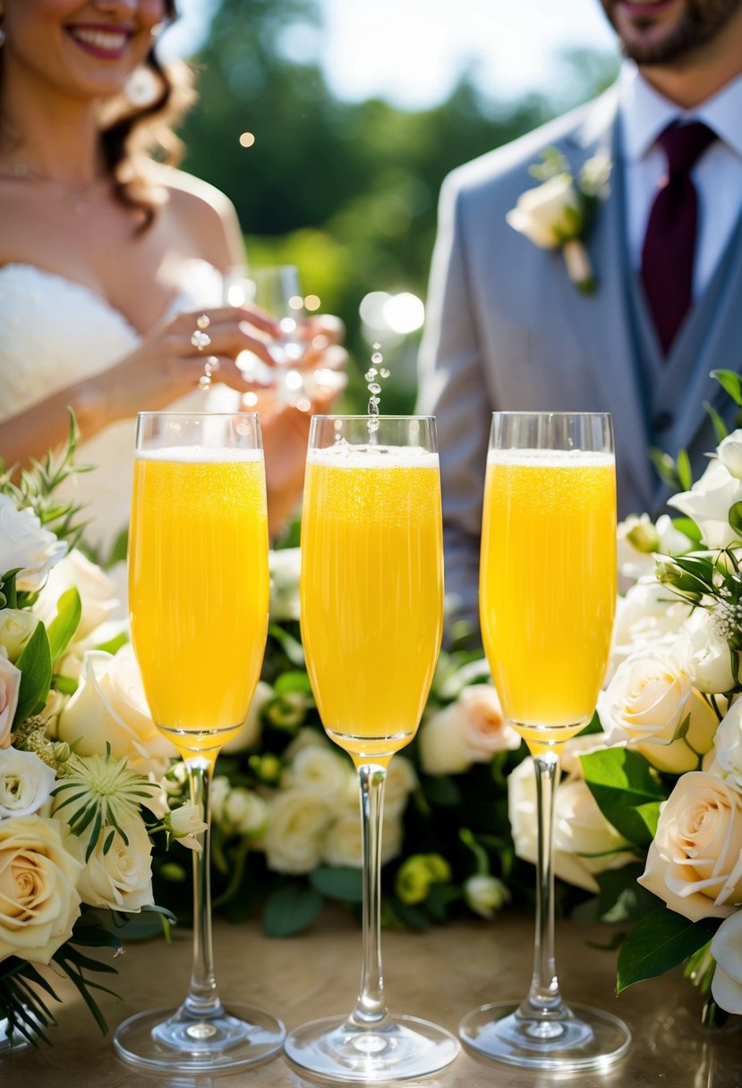 Bubbly mimosas in elegant glasses surrounded by bridal bouquets and wedding attire