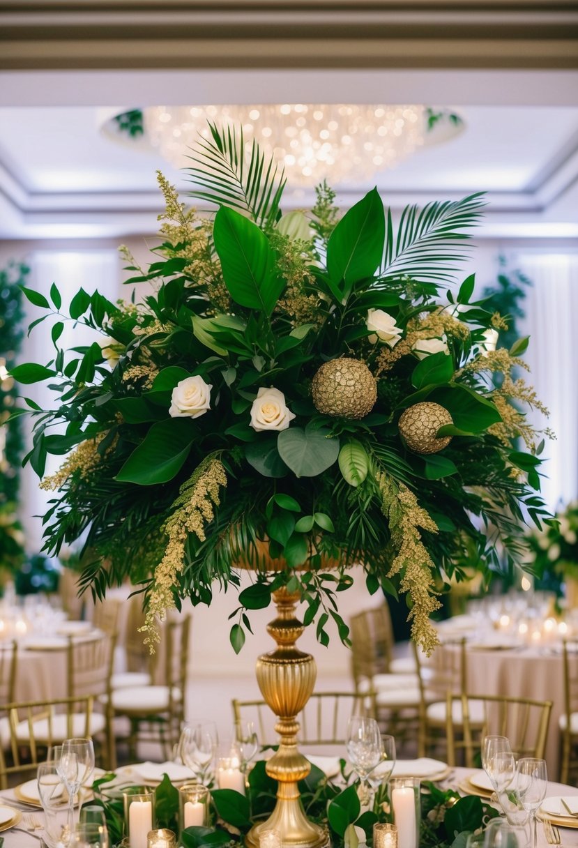 Lush forest green foliage intertwined with shimmering gold accents in a grand wedding centerpiece