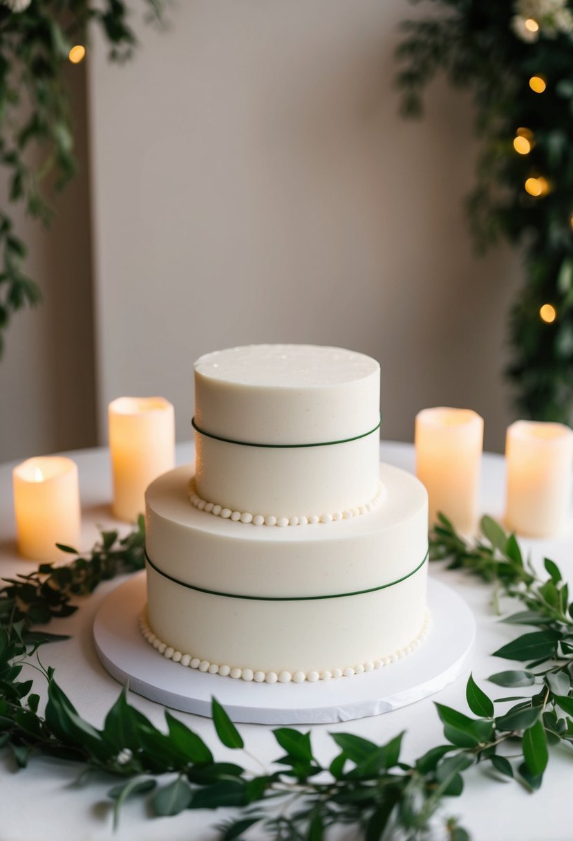 A simple, two-tiered wedding cake with clean lines and minimal decoration sits on a white table, surrounded by greenery and soft candlelight