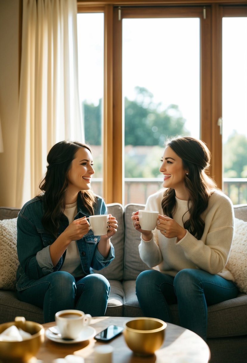 Two friends sit on a cozy couch, sipping coffee and sharing wedding ideas. Sunlight streams through the window, casting a warm glow on the room