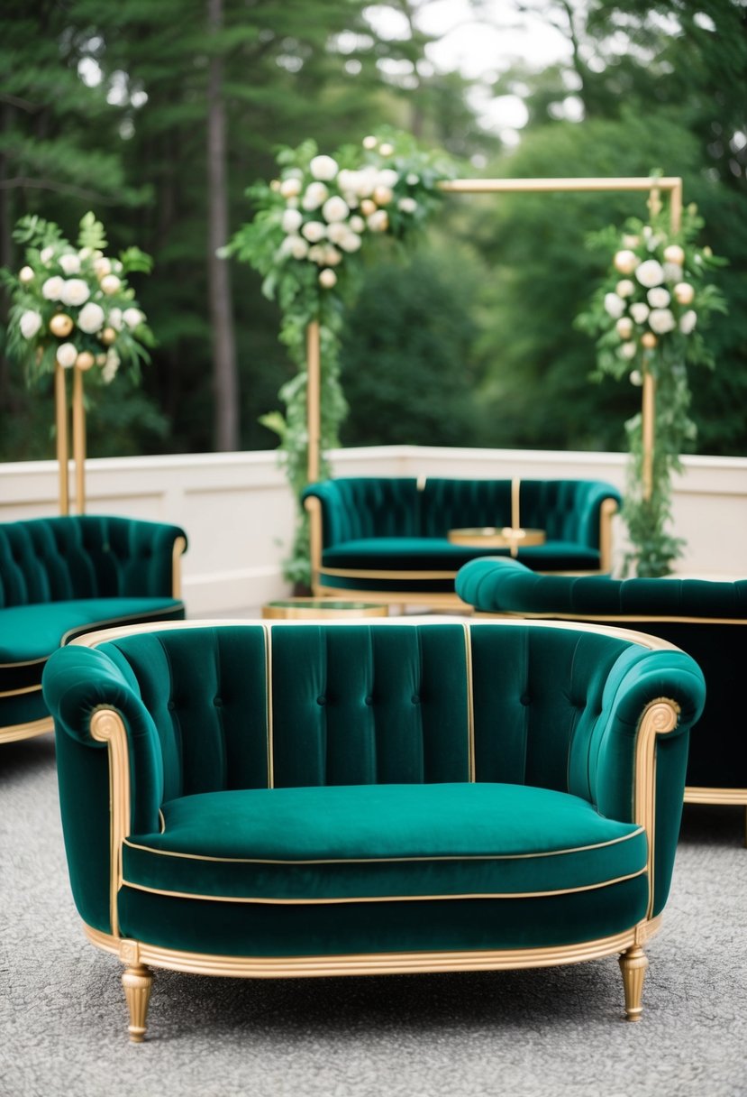 A forest green velvet lounge set decorated with gold accents, creating a luxurious and elegant atmosphere for a wedding