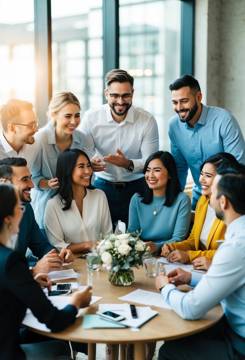 A group of people gather around a table, sharing ideas and tips for affordable wedding services. They are smiling and laughing, creating a warm and welcoming atmosphere