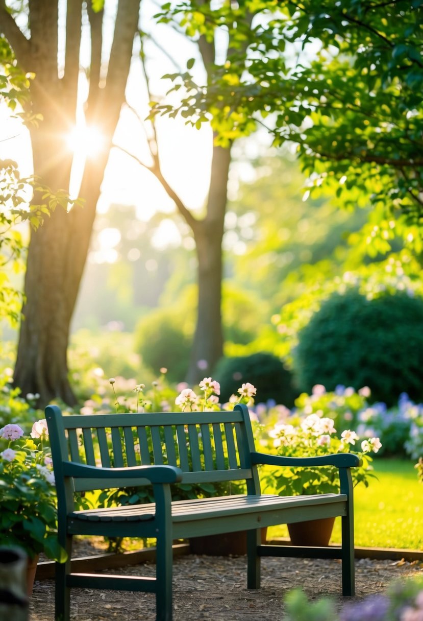 A serene garden with a bench and blooming flowers, sunlight filtering through the trees, creating a peaceful atmosphere for personal reflection