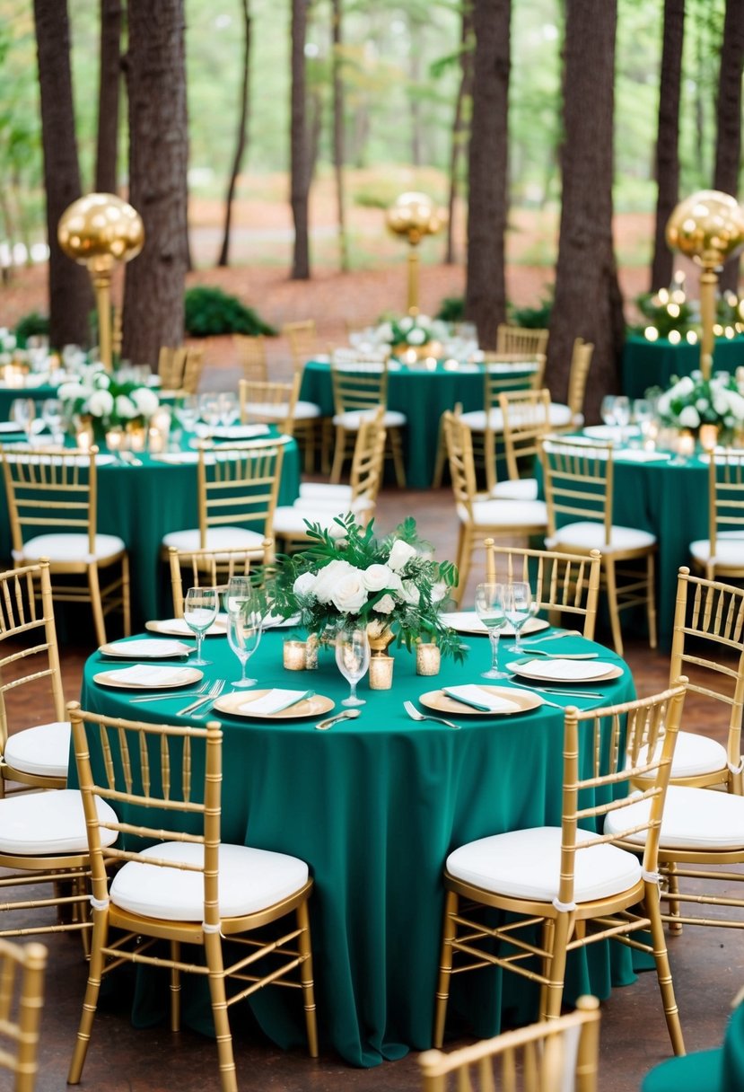 A forest green and gold wedding reception with elegant Gold Chivari Chairs arranged around tables adorned with matching color schemes