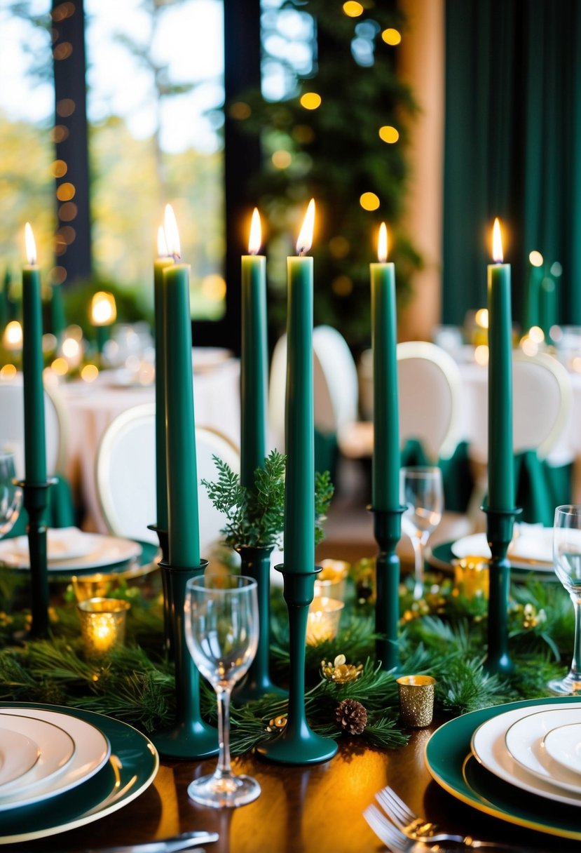 A table adorned with dark green taper candles, surrounded by forest green and gold decor for a wedding celebration