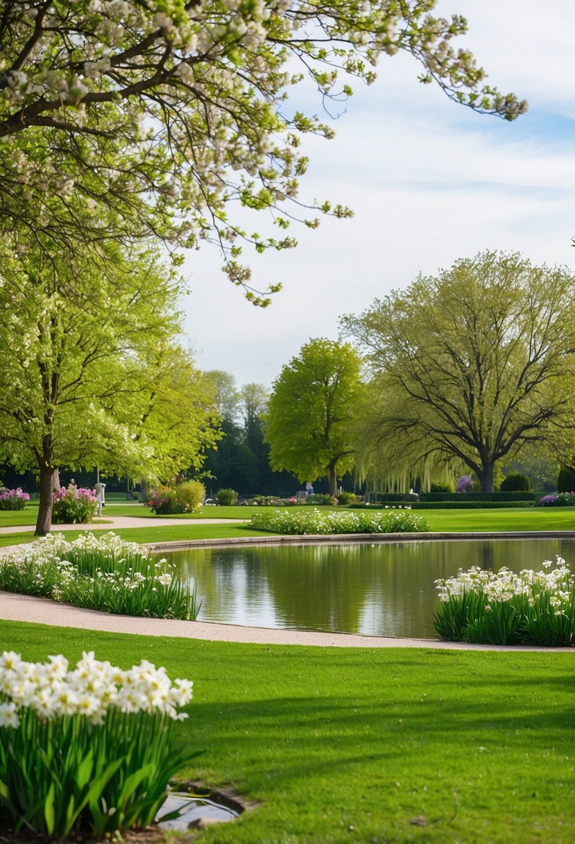 A peaceful park with blooming flowers, a serene pond, and a gentle breeze, perfect for a morning walk to gather wedding inspiration