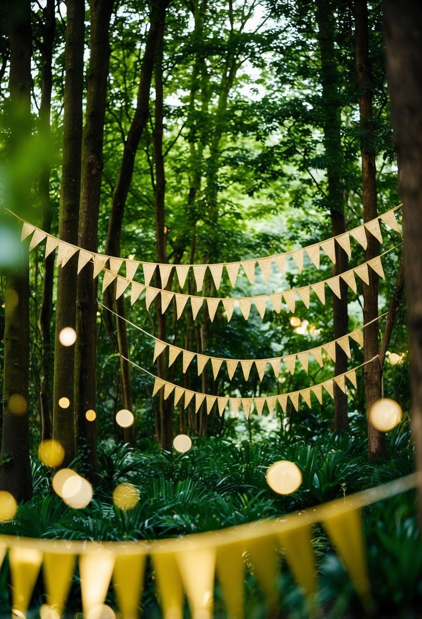 A lush forest with golden banners fluttering in the breeze, the colors of deep green and shimmering gold creating a magical wedding ambiance