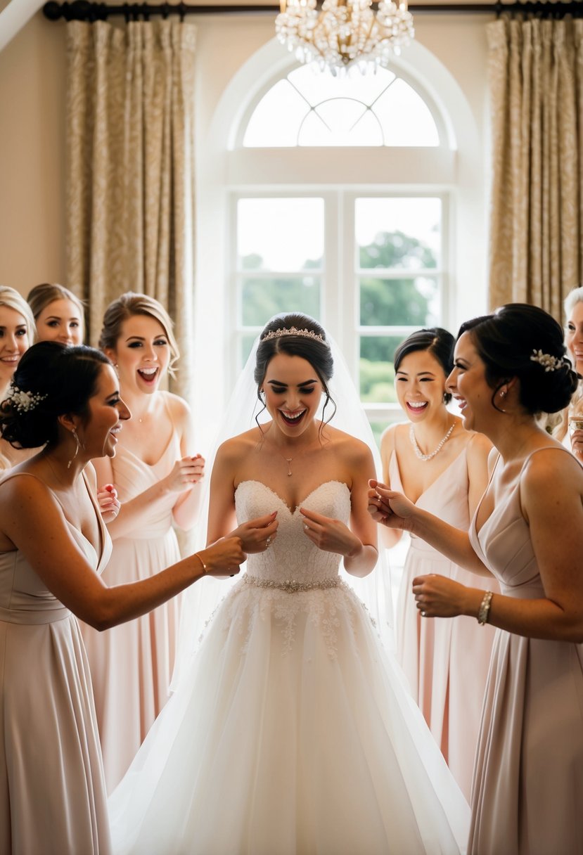 A bride unveils her wedding dress to her bridal party, surrounded by excitement and anticipation