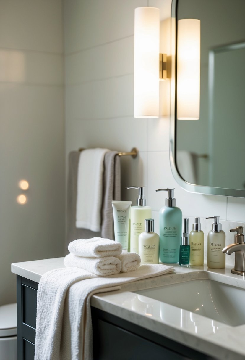 A tranquil bathroom with soft lighting, a plush towel, and an array of luxurious skincare products arranged neatly on a vanity