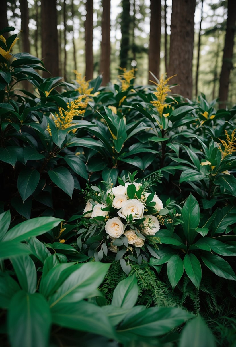 A lush forest scene with deep green foliage and golden accents, featuring elegant wedding bouquets nestled among the natural beauty