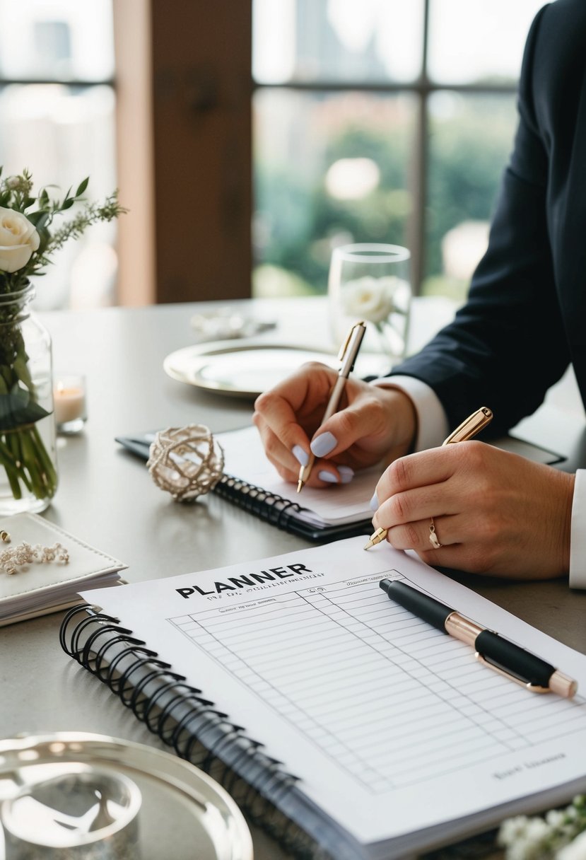 A planner with a checklist, pen, and wedding decor scattered on a table