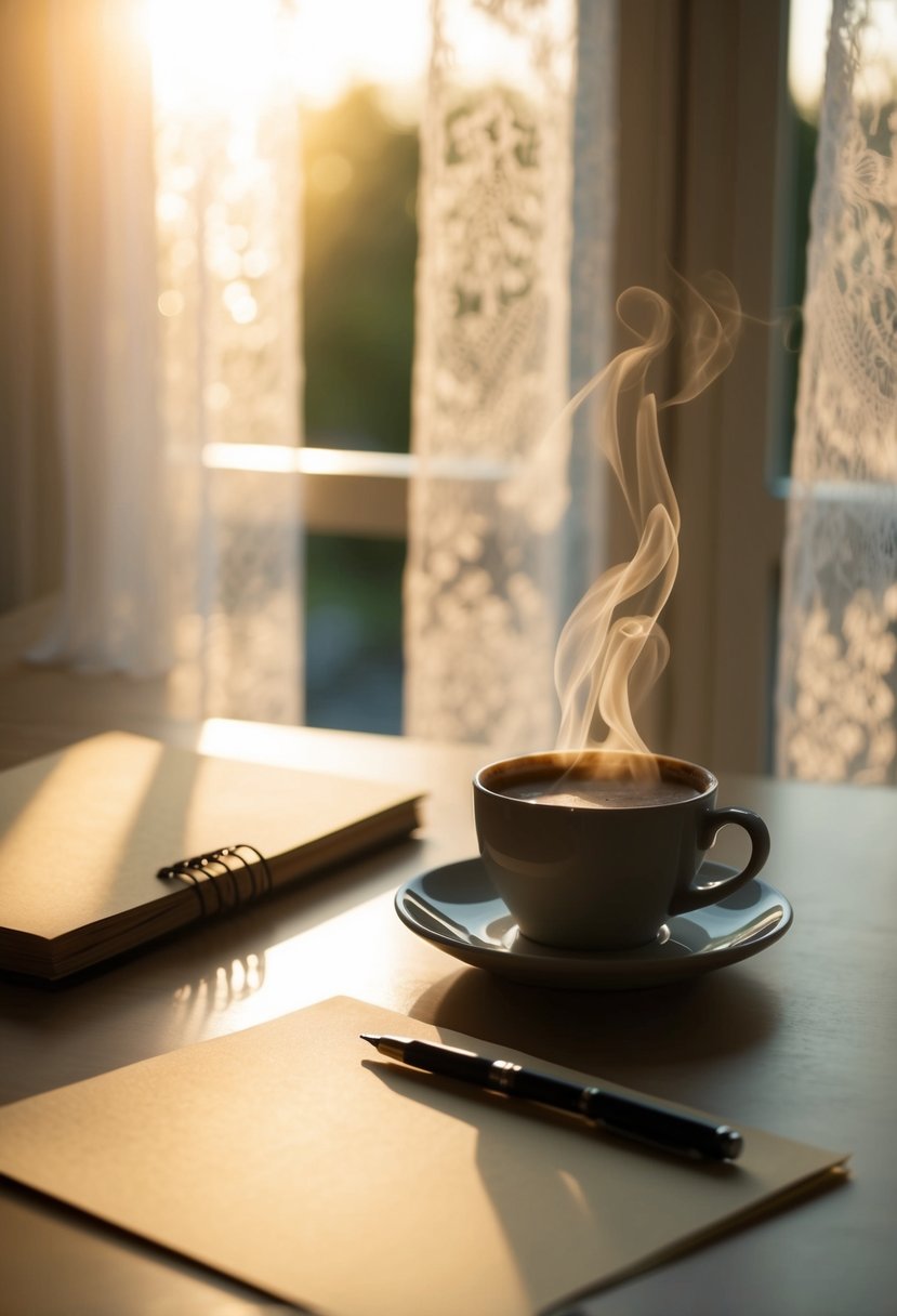 A table set with a steaming cup of coffee, a blank sheet of paper, and a pen, bathed in the warm glow of the morning sun filtering through lace curtains